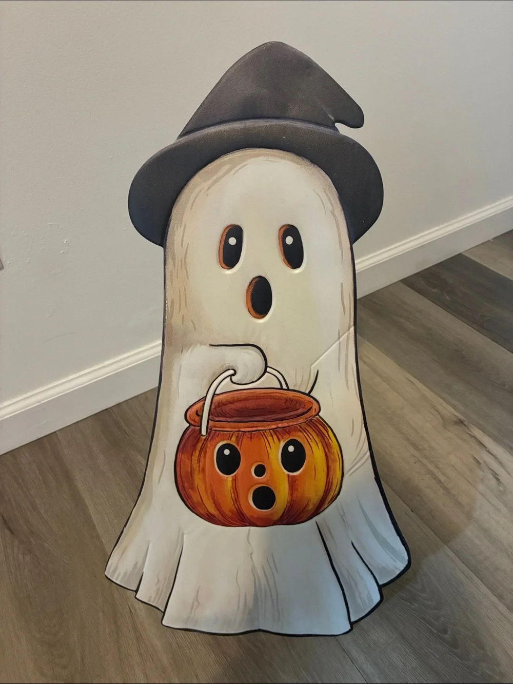 NWT- 23” White Ghost Witch w/ Orange Pumpkin Pail- Metal Easel Stand Porch Sign